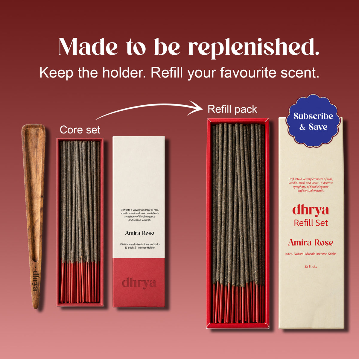 Made to be replenished: keep the rosewood holder and refill your favourite scent with the Amira Rose refill pack