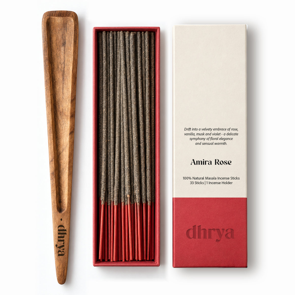 Amira Rose incense sticks: 33 hand-rolled masala sticks in a red-banded dhrya box with a Sheesham rosewood holder