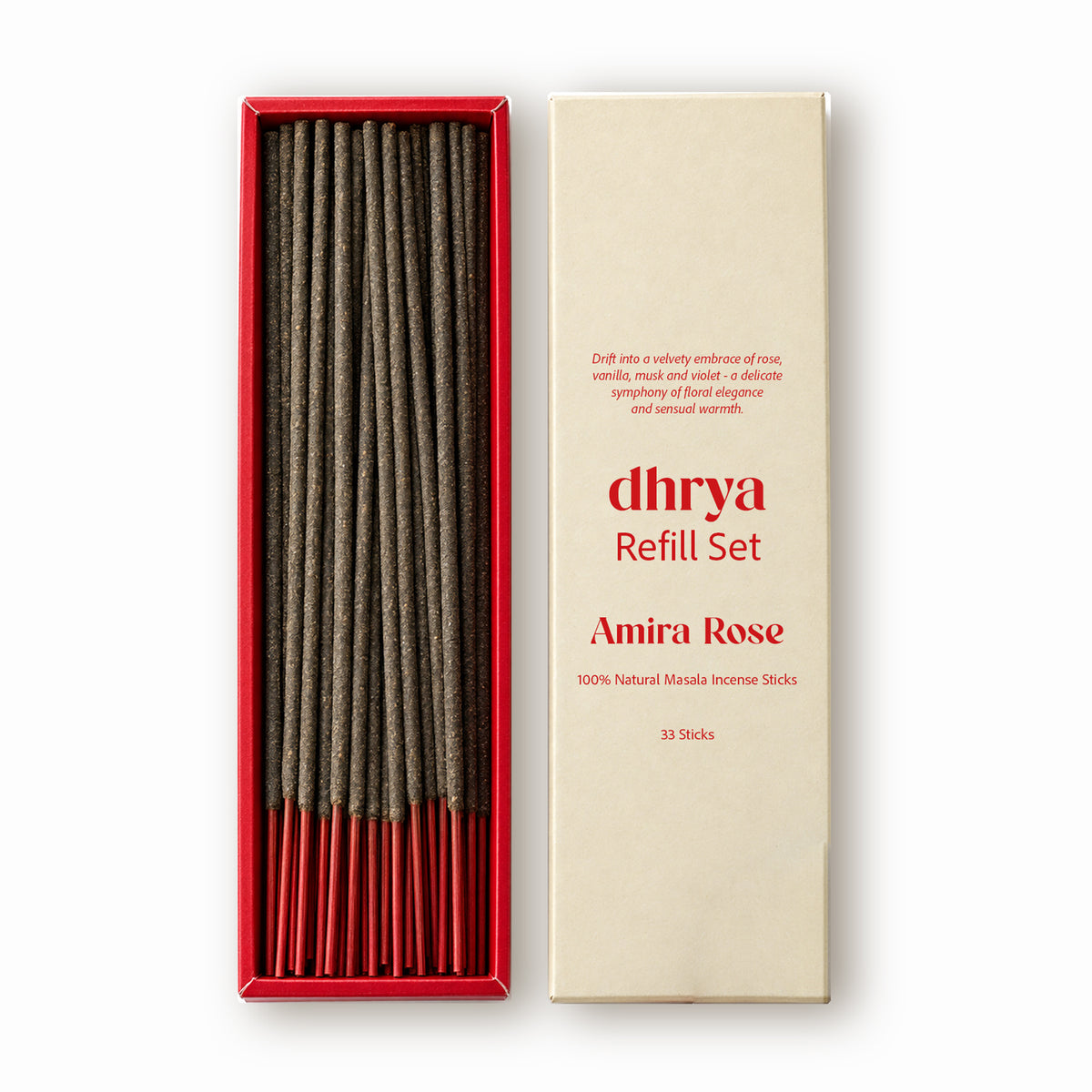 Amira Rose refill set: 33 hand-rolled masala incense sticks in a red-banded dhrya refill box