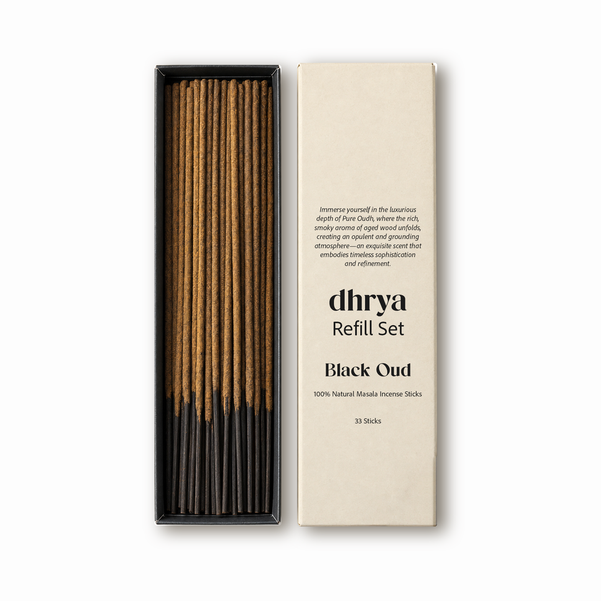 Black Oud refill set: 33 hand-rolled masala incense sticks in a black-banded dhrya refill box