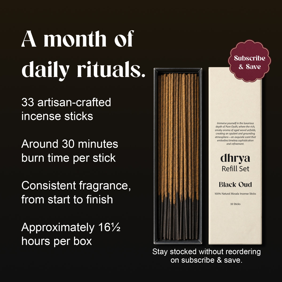 A month of daily rituals: Black Oud box of 33 hand-rolled sticks, about 30 minutes per stick and 16½ hours per box
