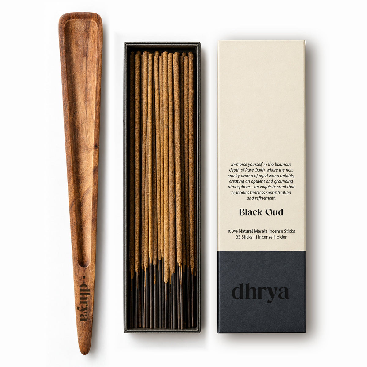 Black Oud incense sticks: 33 hand-rolled masala sticks in a black-banded dhrya box with a Sheesham rosewood holder