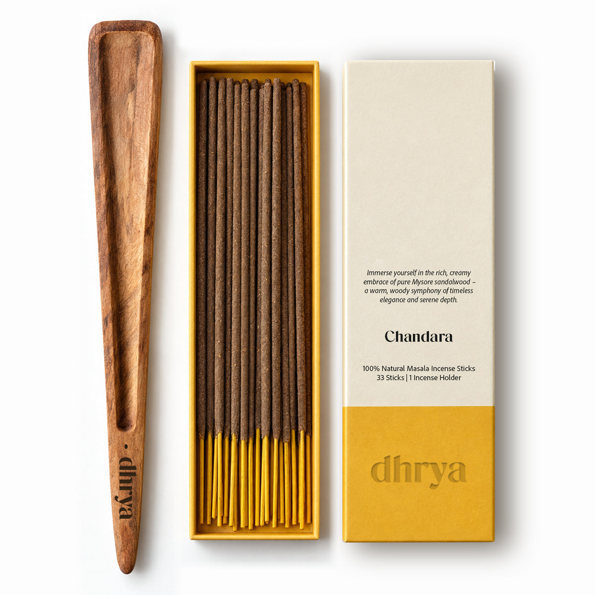Chandara incense sticks: 33 hand-rolled masala sticks in a gold-banded dhrya box with a Sheesham rosewood holder