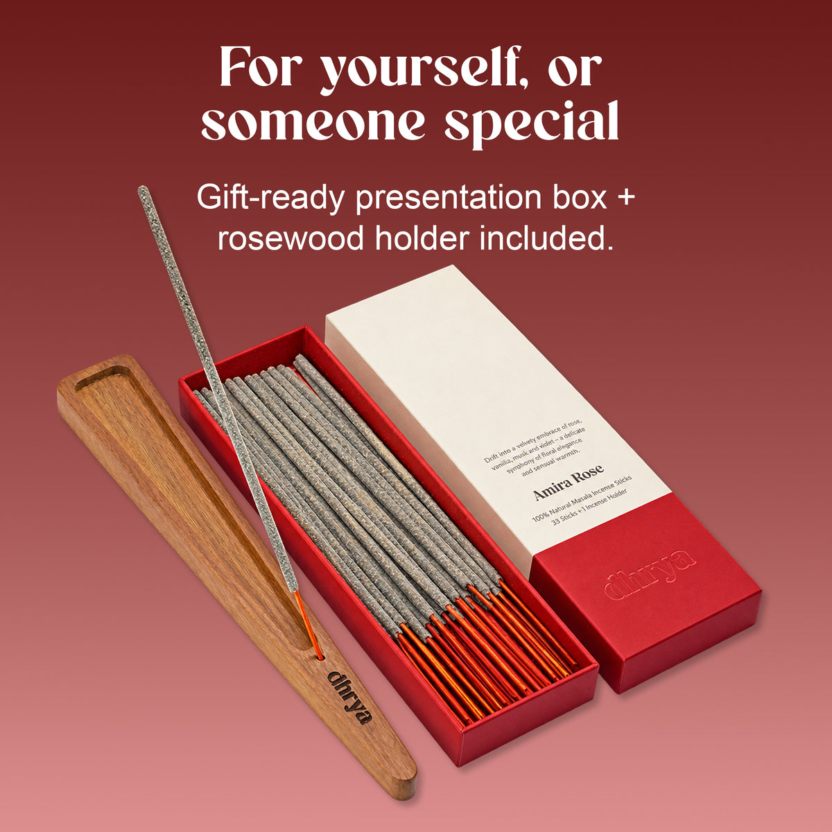 Amira Rose gift-ready presentation box, opened, with the rosewood incense holder