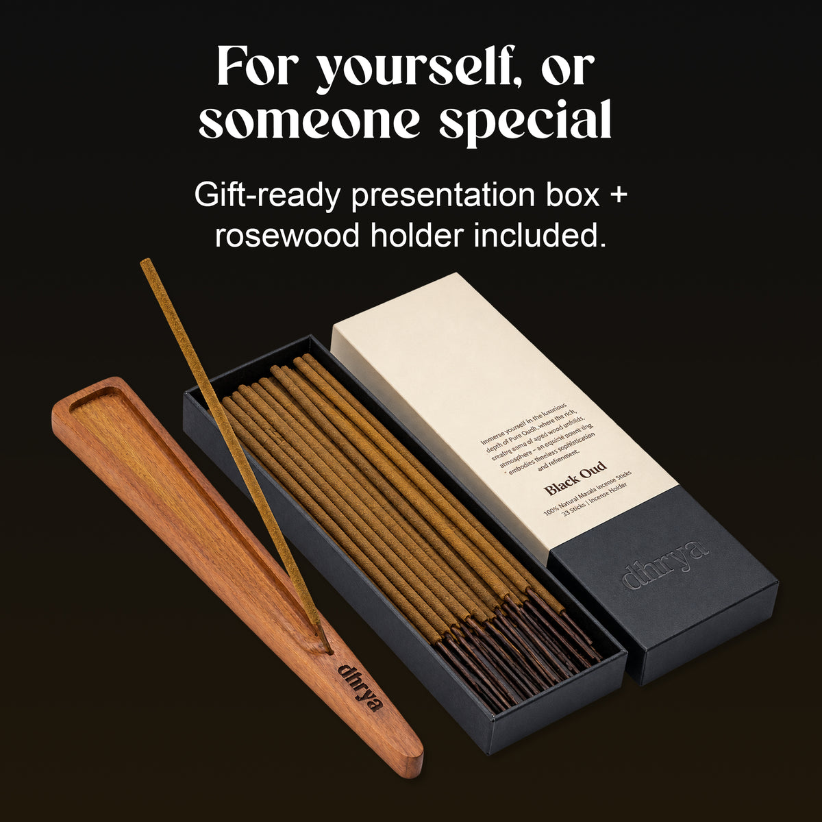Black Oud gift-ready presentation box, opened, with the rosewood incense holder