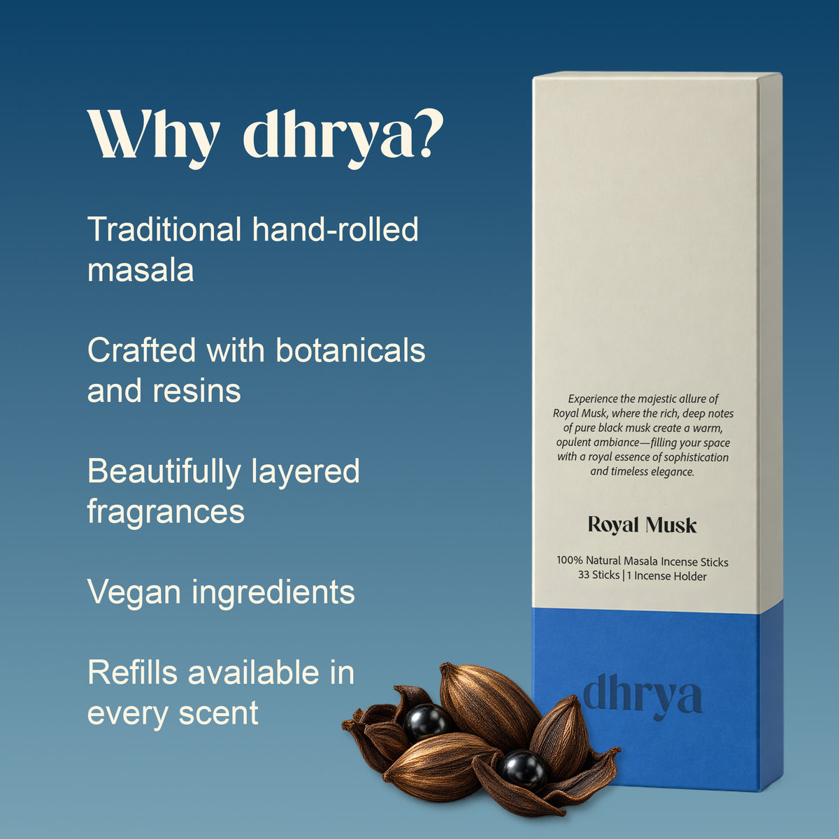 Why dhrya: traditional hand-rolled masala, crafted with botanicals and resins, layered fragrance, vegan ingredients, refills in every scent. Royal Musk box shown