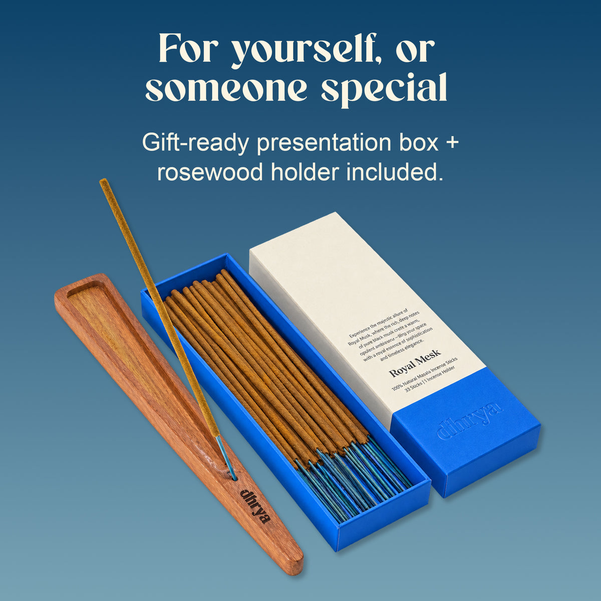 Royal Musk gift-ready presentation box, opened, with the rosewood incense holder
