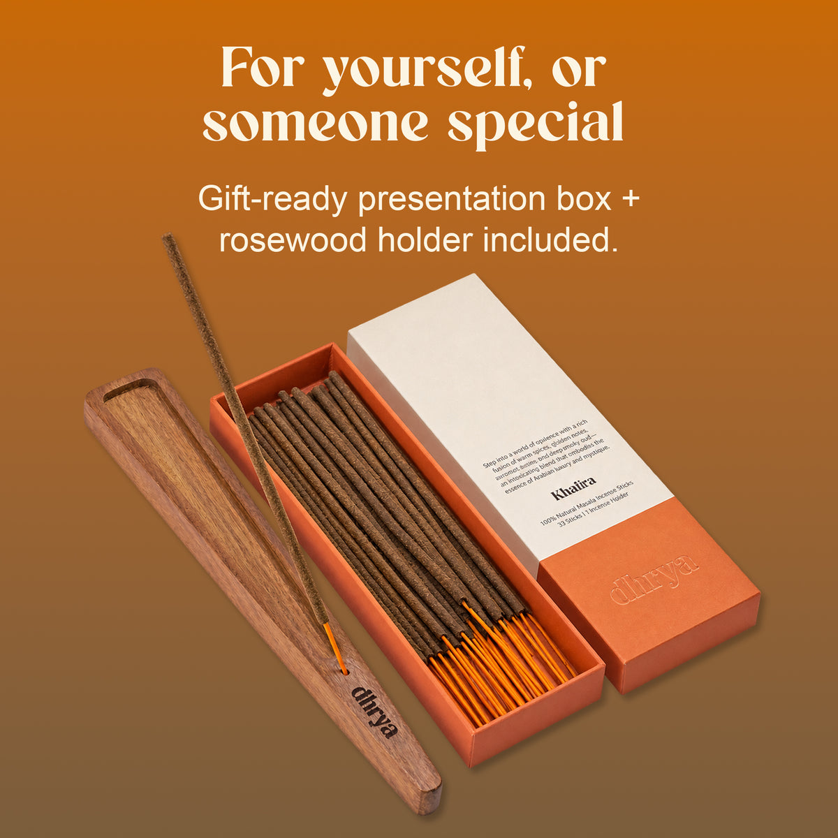 Khalira gift-ready presentation box, opened, with the rosewood incense holder