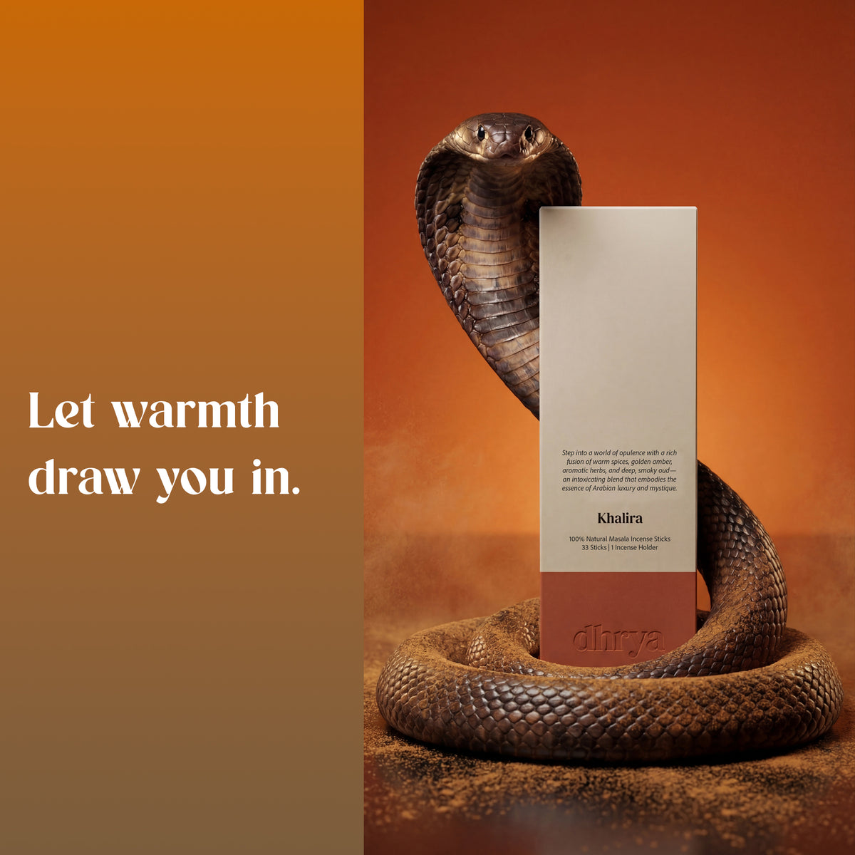 Cobra coiled around a Khalira incense box: "Let warmth draw you in"