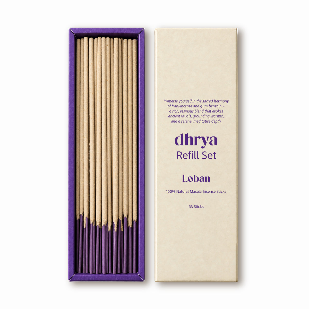 Loban refill set: 33 hand-rolled masala incense sticks in a purple-banded dhrya refill box