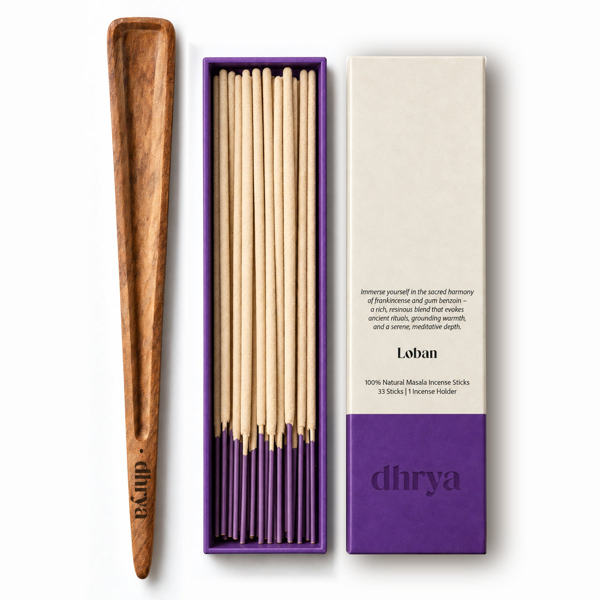 Loban incense sticks: 33 hand-rolled masala sticks in a purple-banded dhrya box with a Sheesham rosewood holder