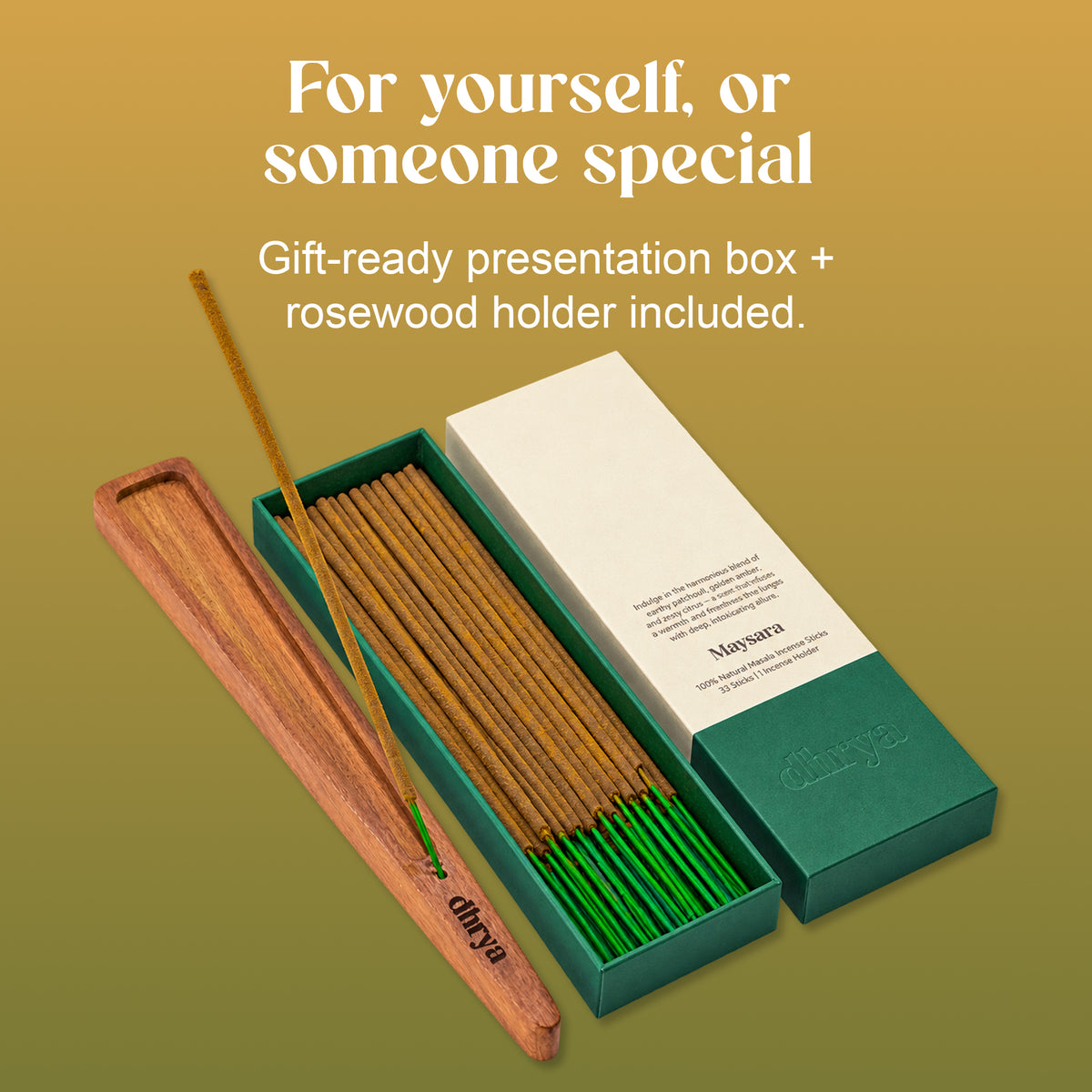 Maysara gift-ready presentation box, opened, with the rosewood incense holder