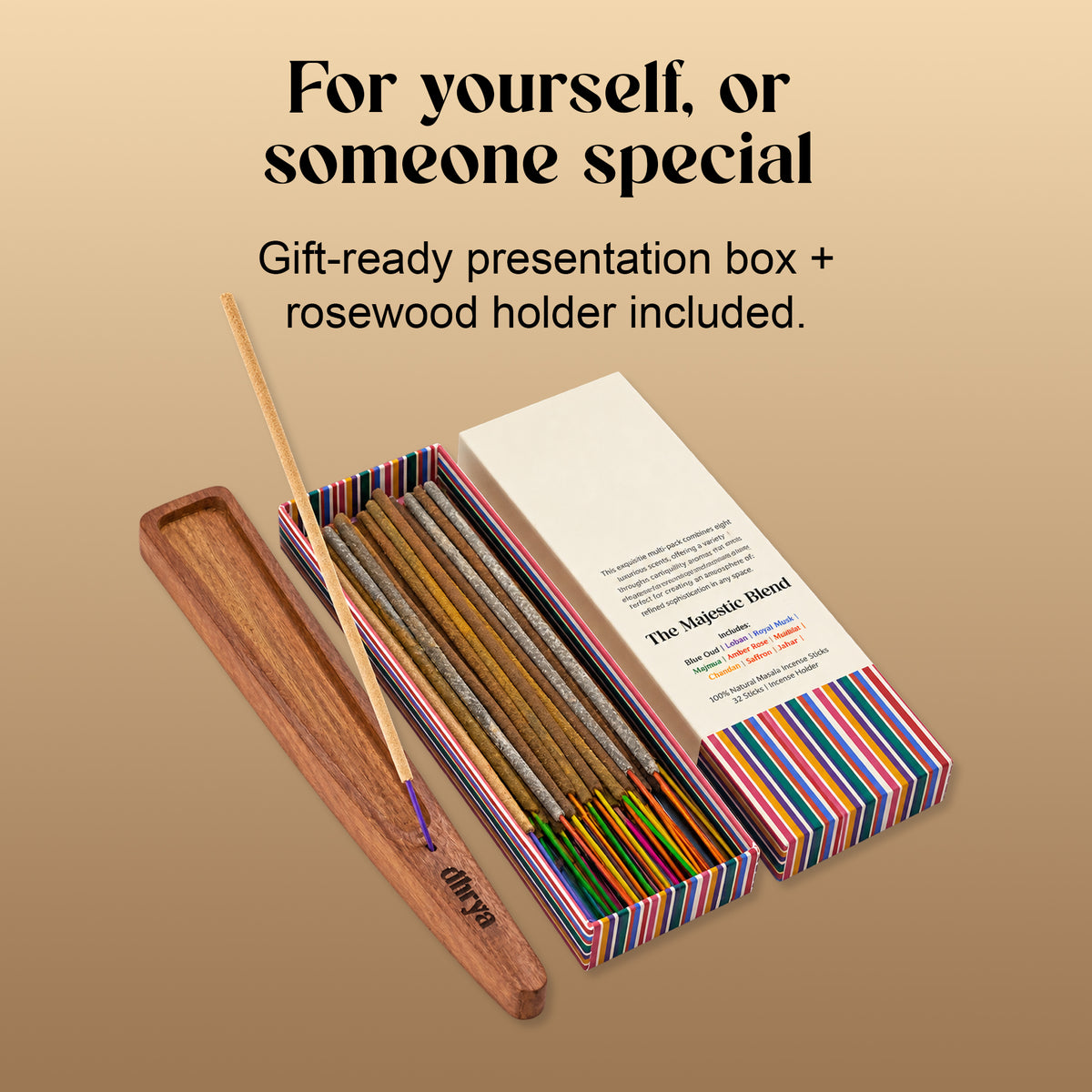 Majestic Blend gift-ready presentation box, opened, with the rosewood incense holder