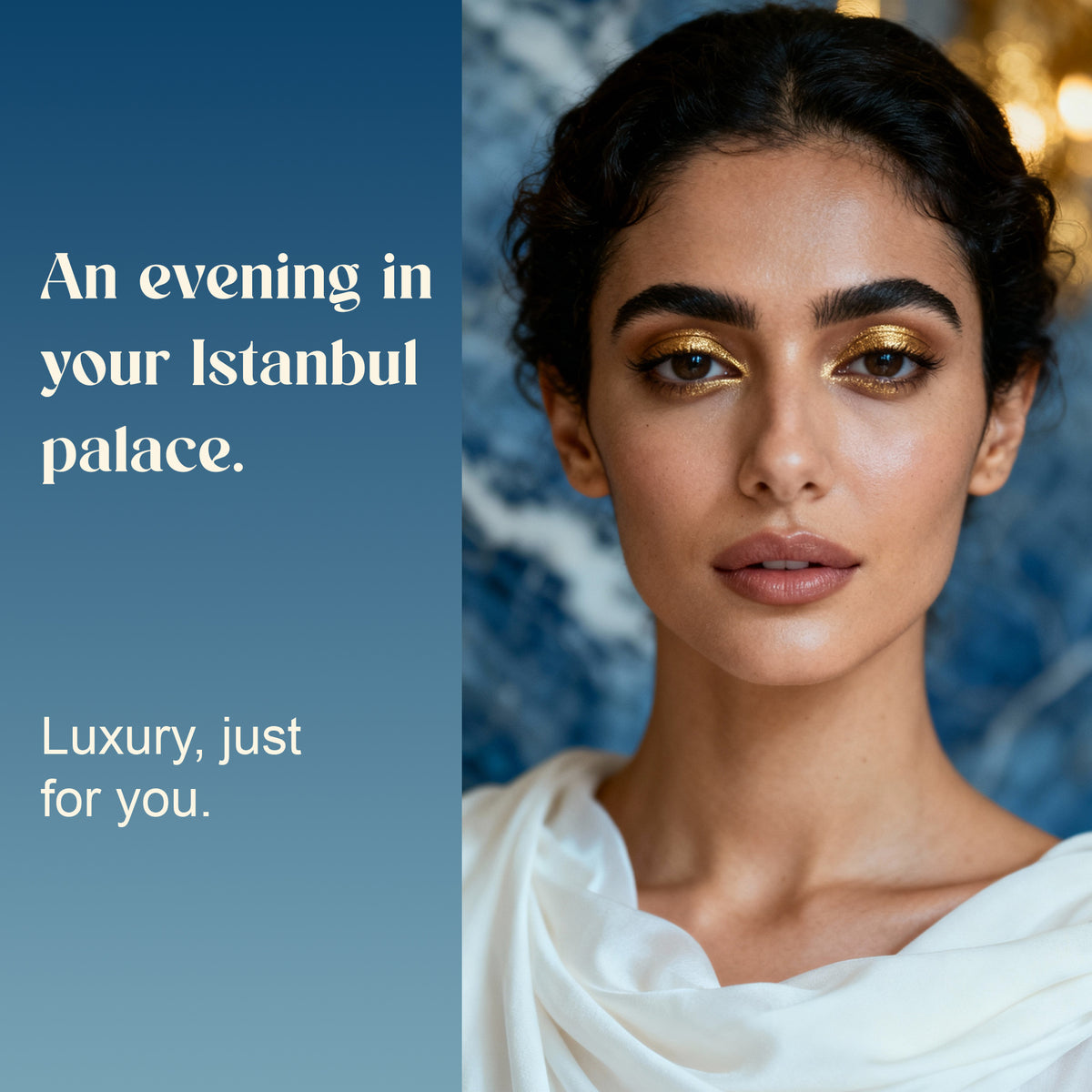 Woman in white against a blue palace backdrop, evoking the mood of Royal Musk: "An evening in your Istanbul palace"