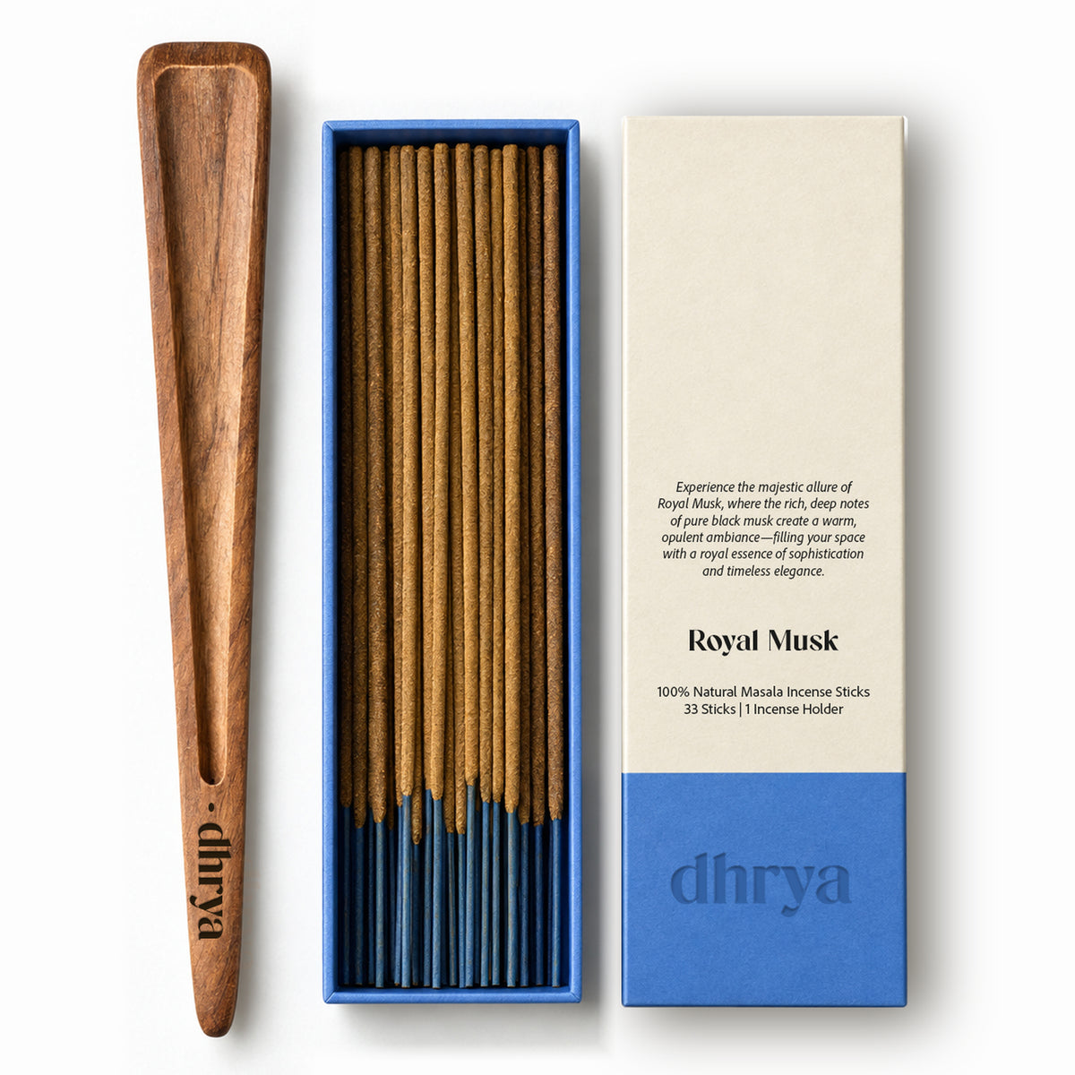 Royal Musk incense sticks: 33 hand-rolled masala sticks in a blue-banded dhrya box with a Sheesham rosewood holder