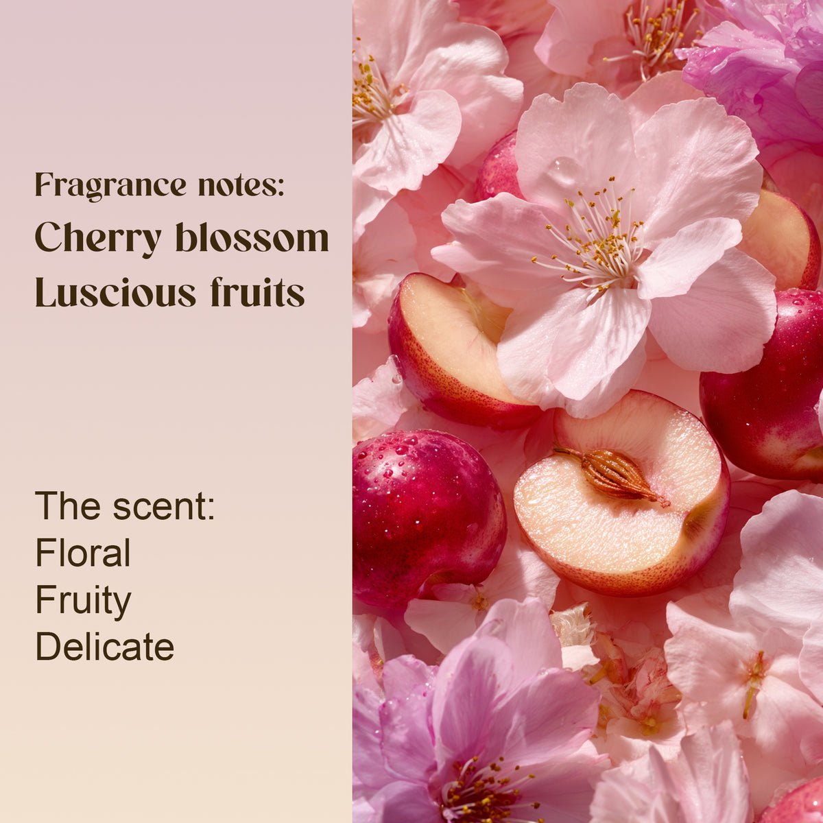 Sakura Al-Dar fragrance notes: cherry blossom and luscious fruits. Floral, fruity and delicate, shown with cherry blossom and sliced peaches