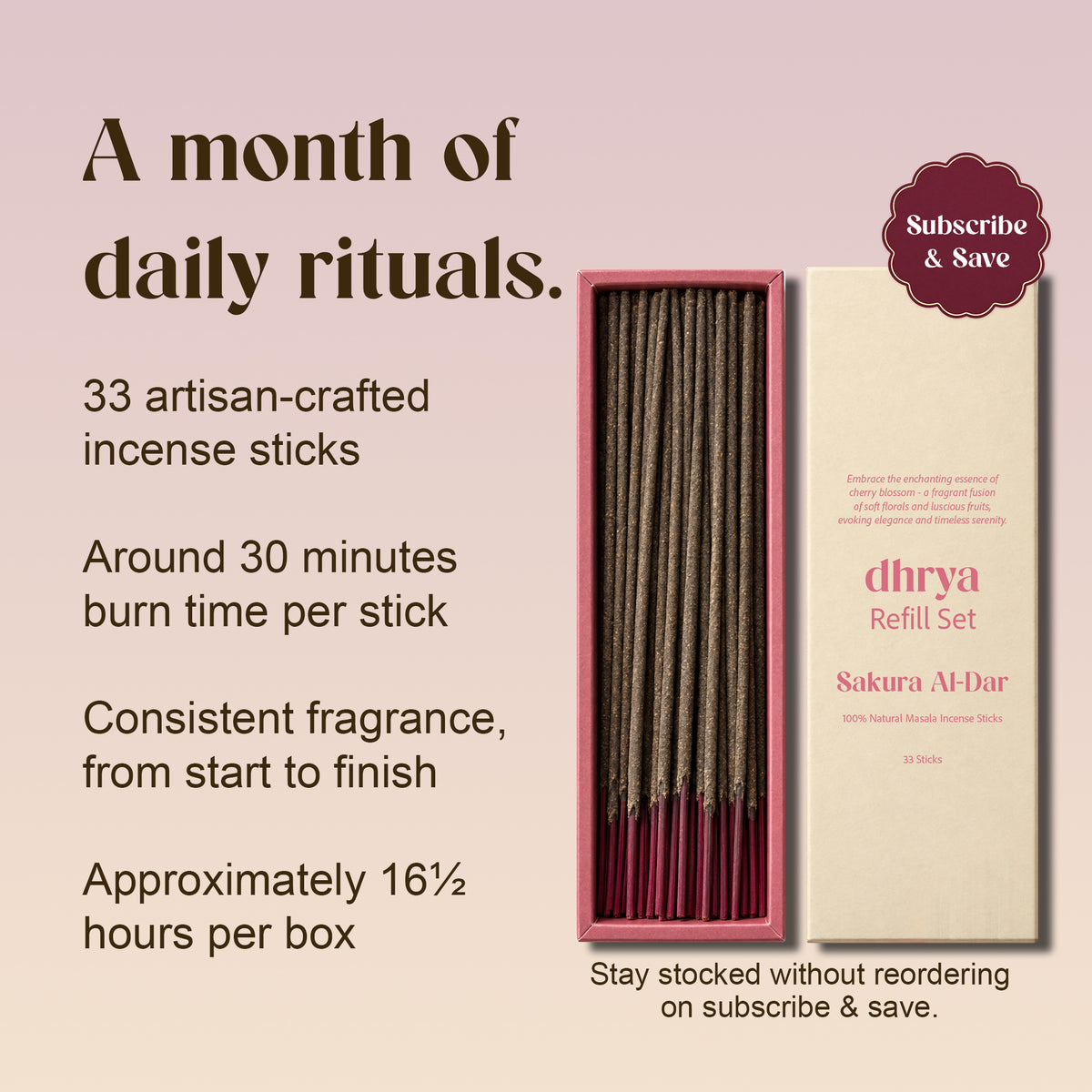 A month of daily rituals: Sakura Al-Dar box of 33 hand-rolled sticks, about 30 minutes per stick and 16½ hours per box