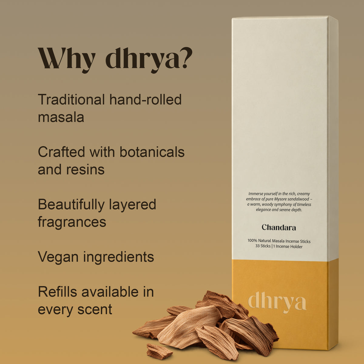 Why dhrya: traditional hand-rolled masala, crafted with botanicals and resins, layered fragrance, vegan ingredients, refills in every scent. Chandara box shown