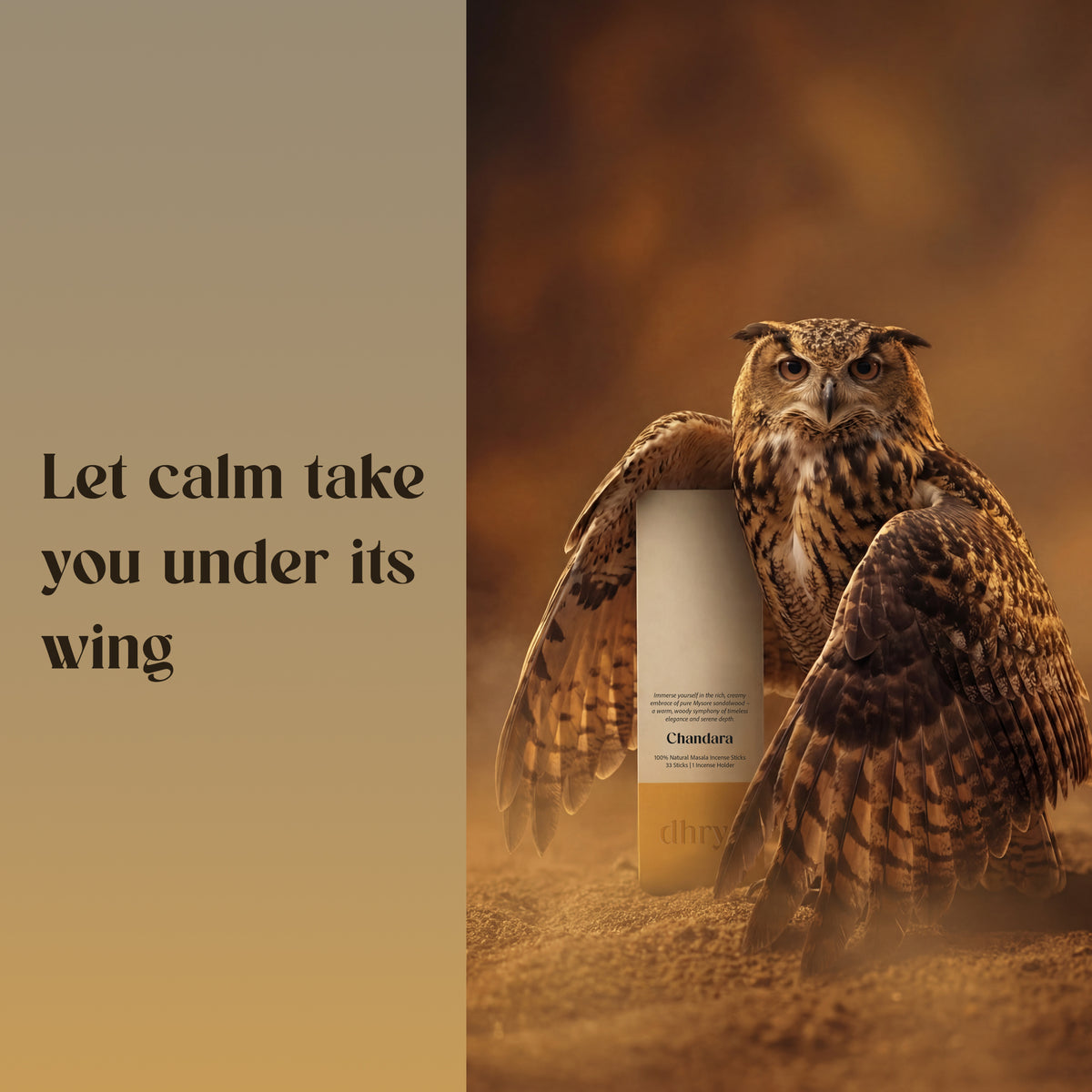 Owl with spread wings beside a Chandara incense box: "Let calm take you under its wing"