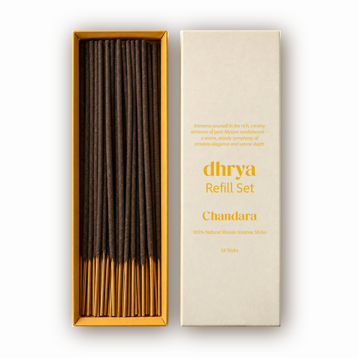 Chandara refill set: 33 hand-rolled masala incense sticks in a gold-banded dhrya refill box