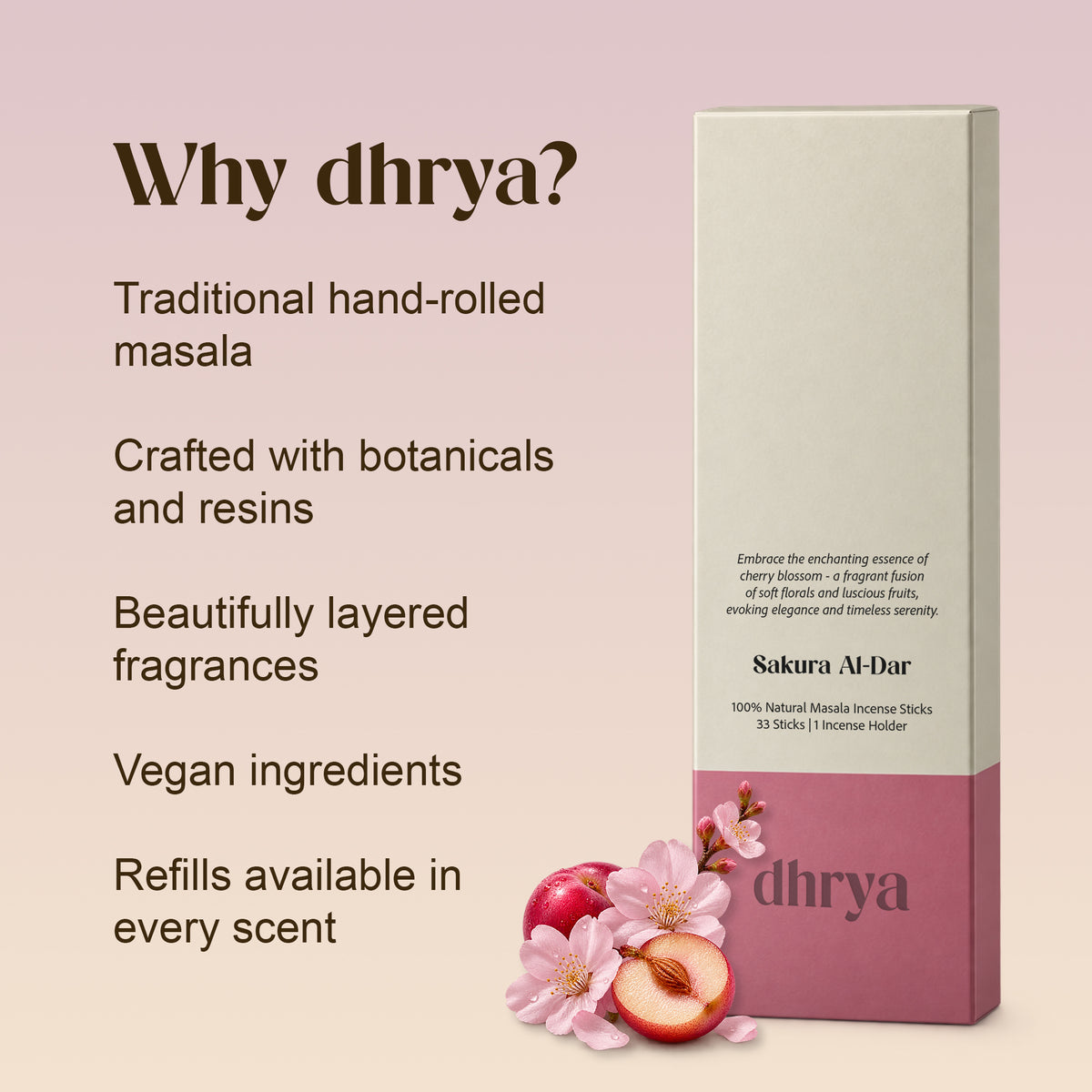 Why dhrya: traditional hand-rolled masala, crafted with botanicals and resins, layered fragrance, vegan ingredients, refills in every scent. Sakura Al-Dar box shown