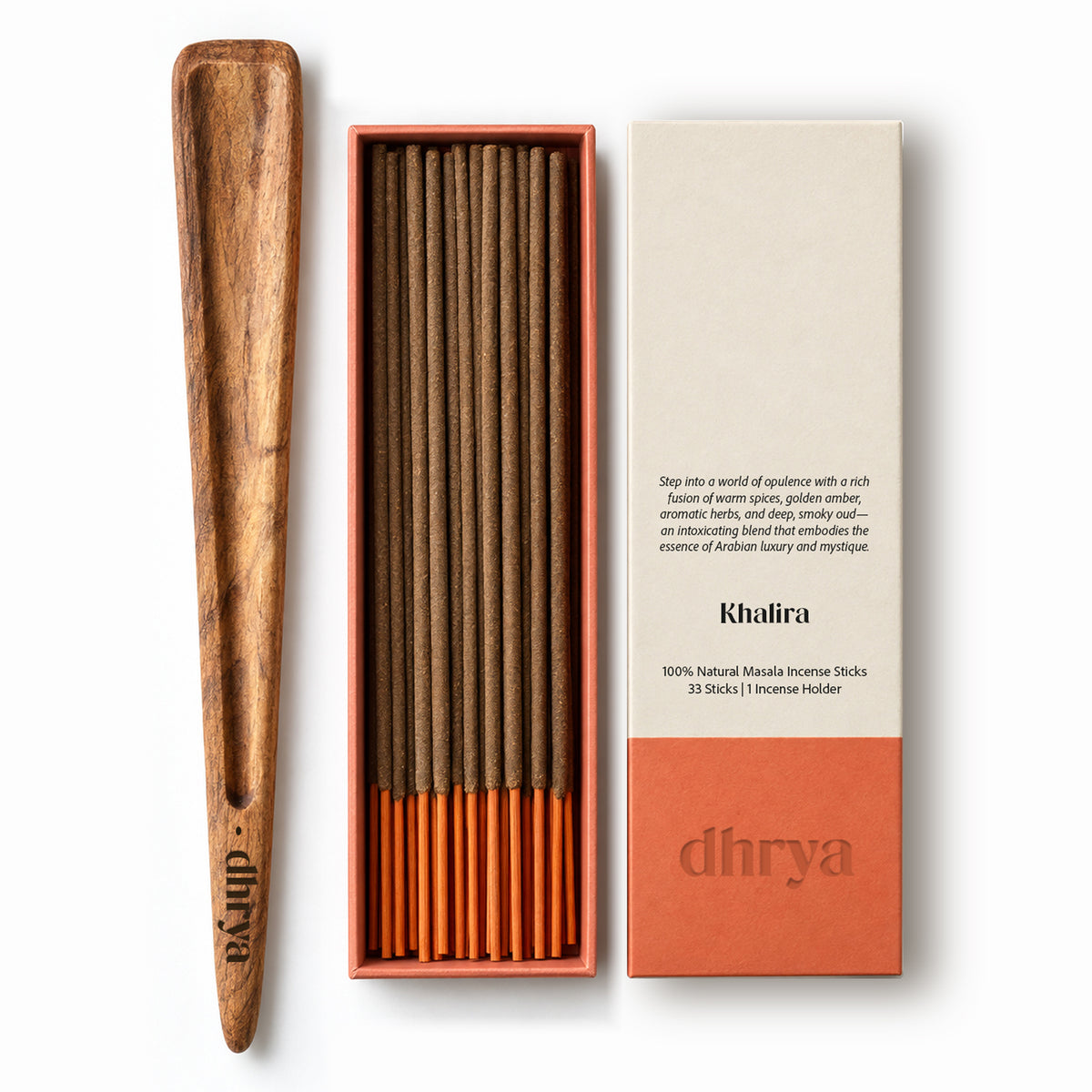 Khalira incense sticks: 33 hand-rolled masala sticks in an orange-banded dhrya box with a Sheesham rosewood holder