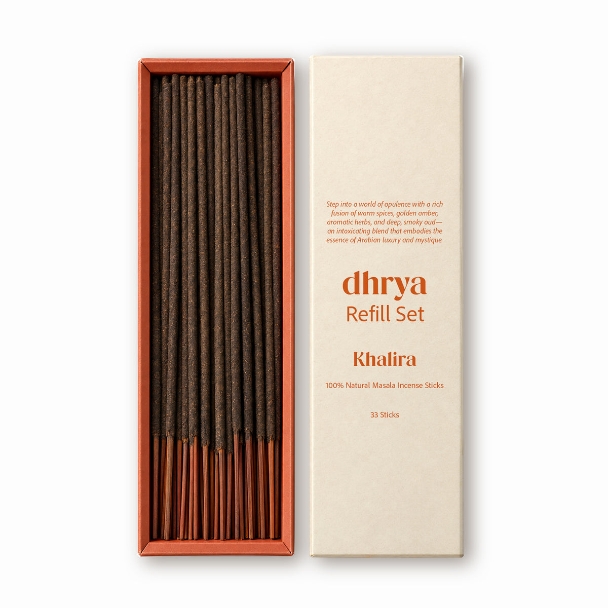 Khalira refill set: 33 hand-rolled masala incense sticks in an orange-banded dhrya refill box