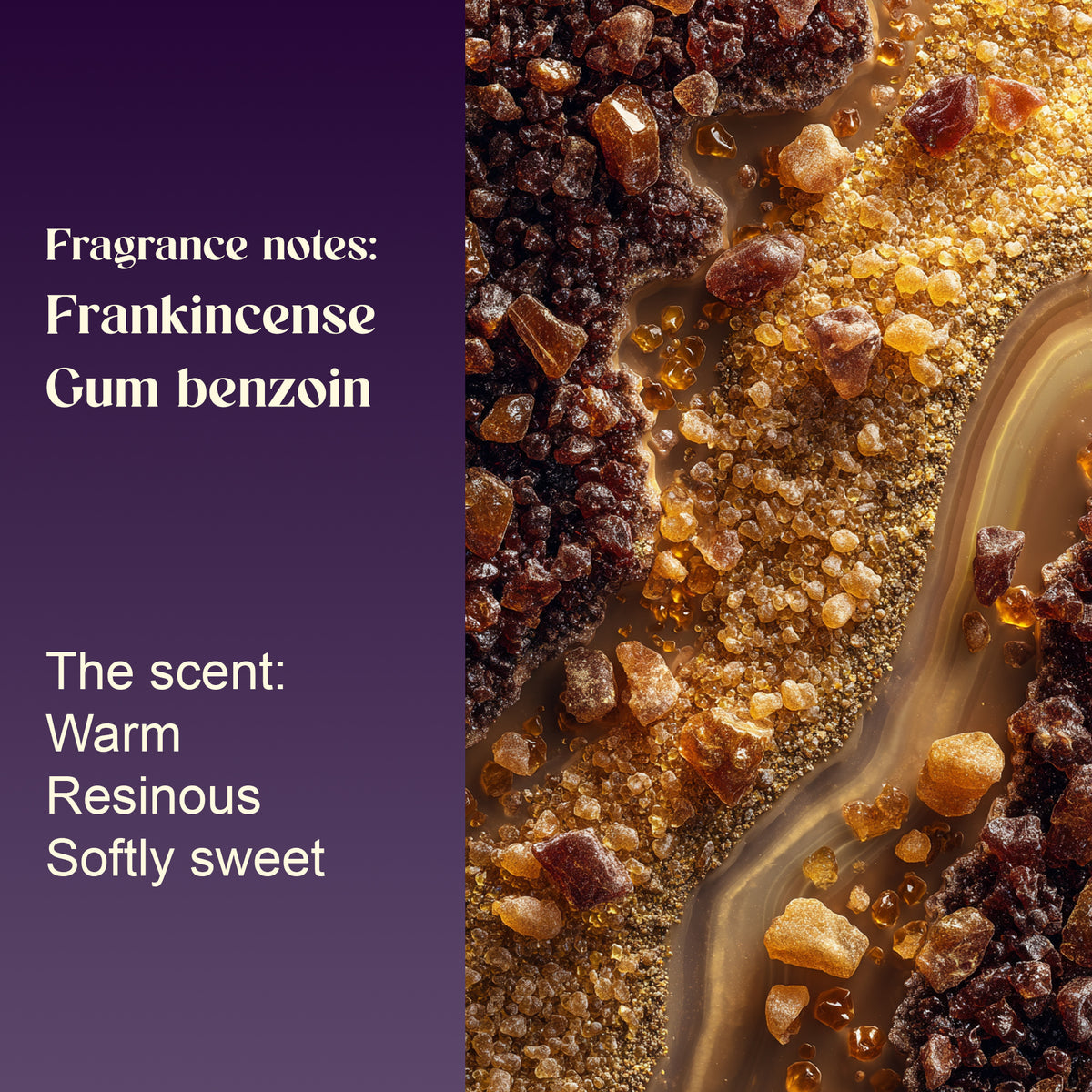 Loban fragrance notes: frankincense and gum benzoin. Warm, resinous and softly sweet, shown with frankincense resin