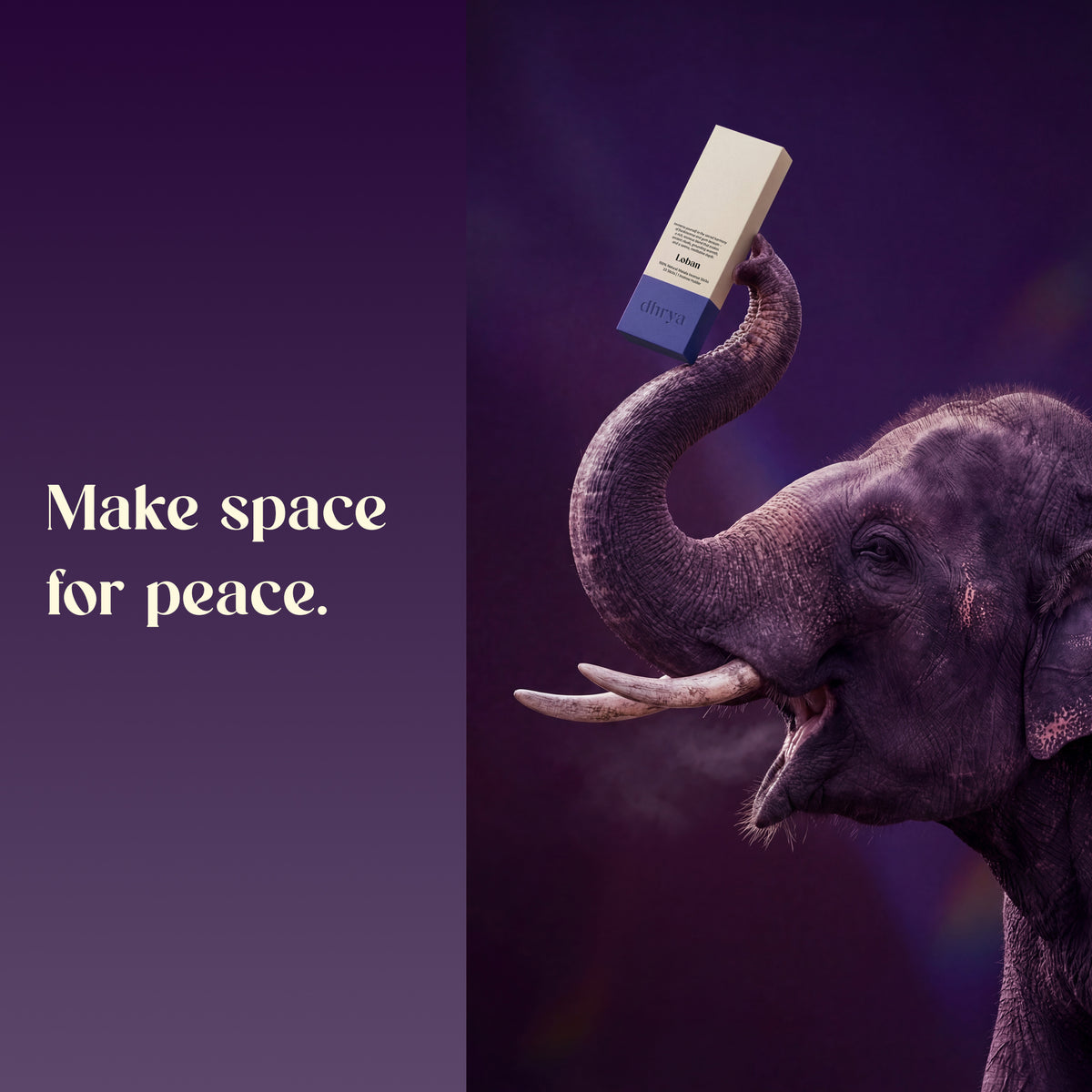 Elephant lifting a Loban incense box with its trunk: "Make space for peace"