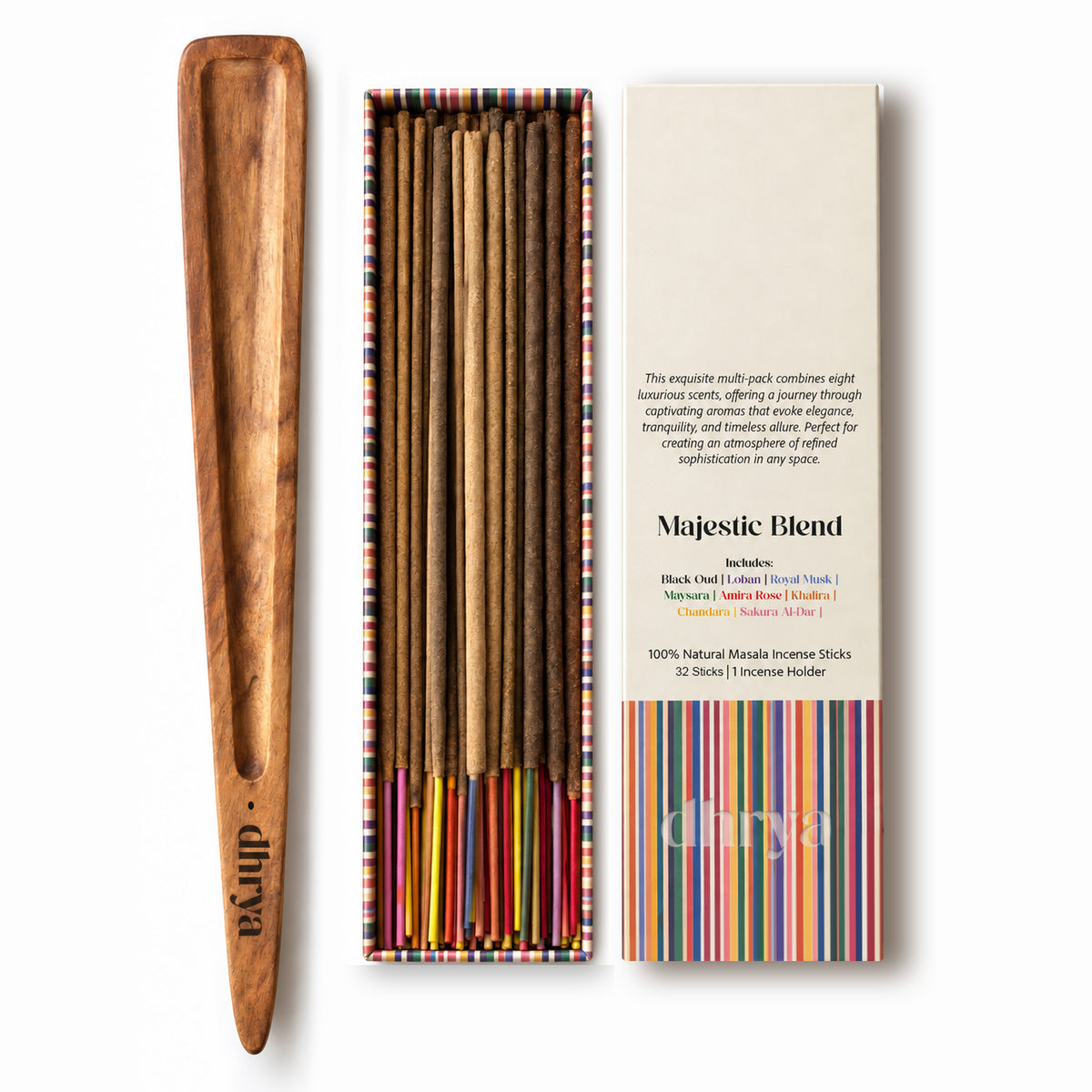 Majestic Blend discovery set: 32 hand-rolled incense sticks in eight scents, in a multicoloured dhrya box with a Sheesham rosewood holder