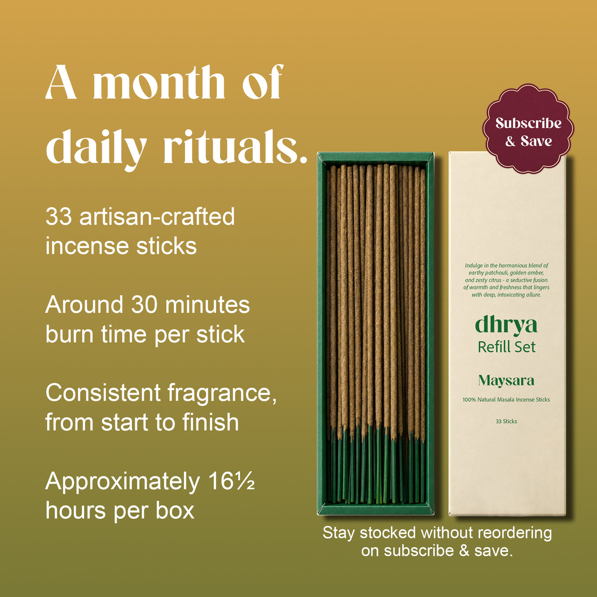 A month of daily rituals: Maysara box of 33 hand-rolled sticks, about 30 minutes per stick and 16½ hours per box
