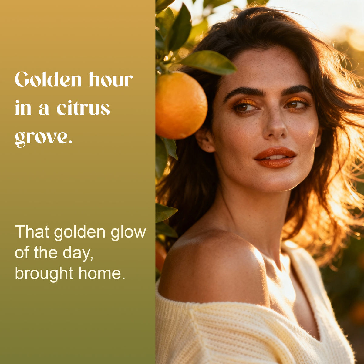 Woman holding an orange in golden light, evoking the mood of Maysara: "Golden hour in a citrus grove"