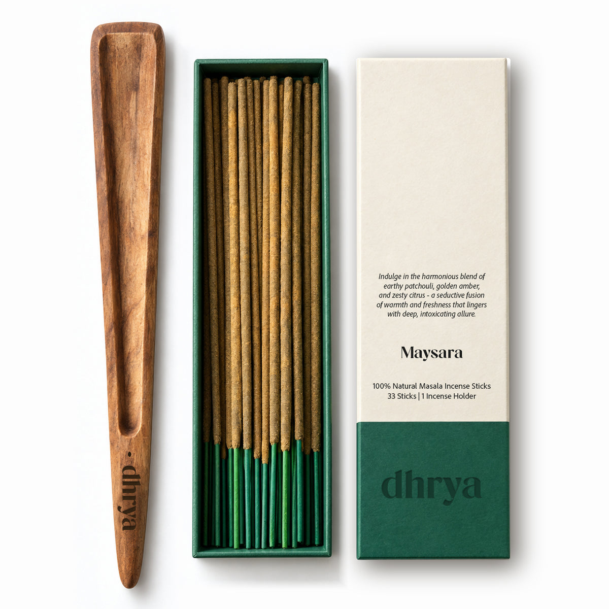 Maysara incense sticks: 33 hand-rolled masala sticks in a green-banded dhrya box with a Sheesham rosewood holder
