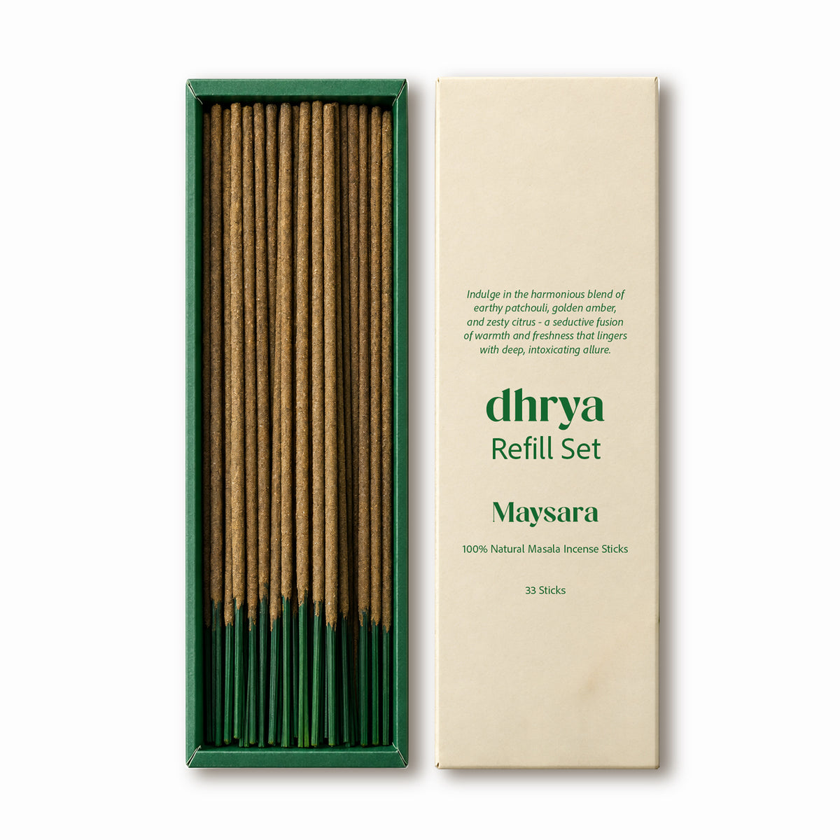 Maysara refill set: 33 hand-rolled masala incense sticks in a green-banded dhrya refill box