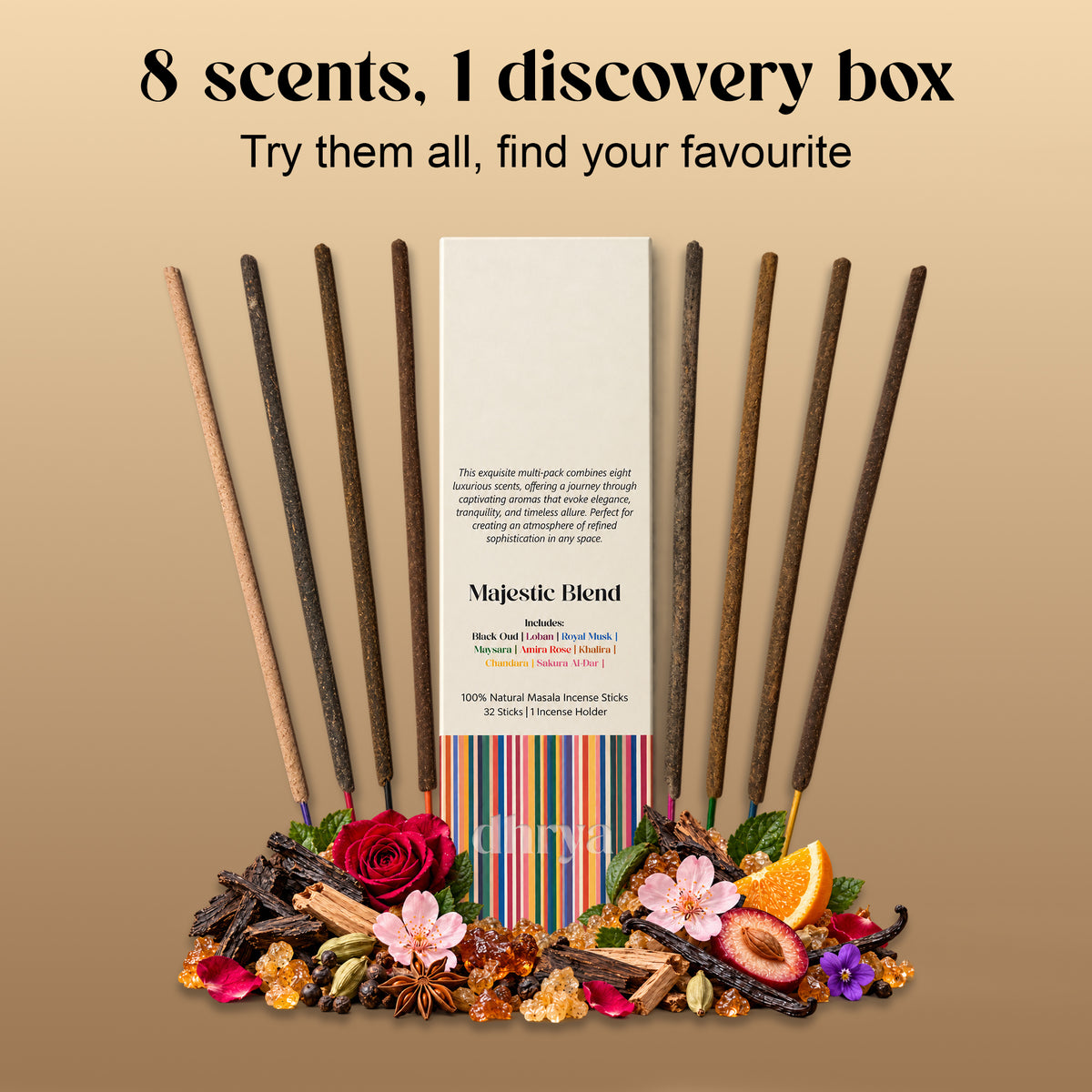 Eight scents, one discovery box: the Majestic Blend box with eight incense sticks and botanicals. Try them all, find your favourite