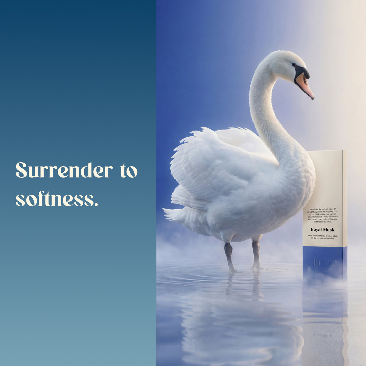 White swan on still water beside a Royal Musk incense box: "Surrender to softness"