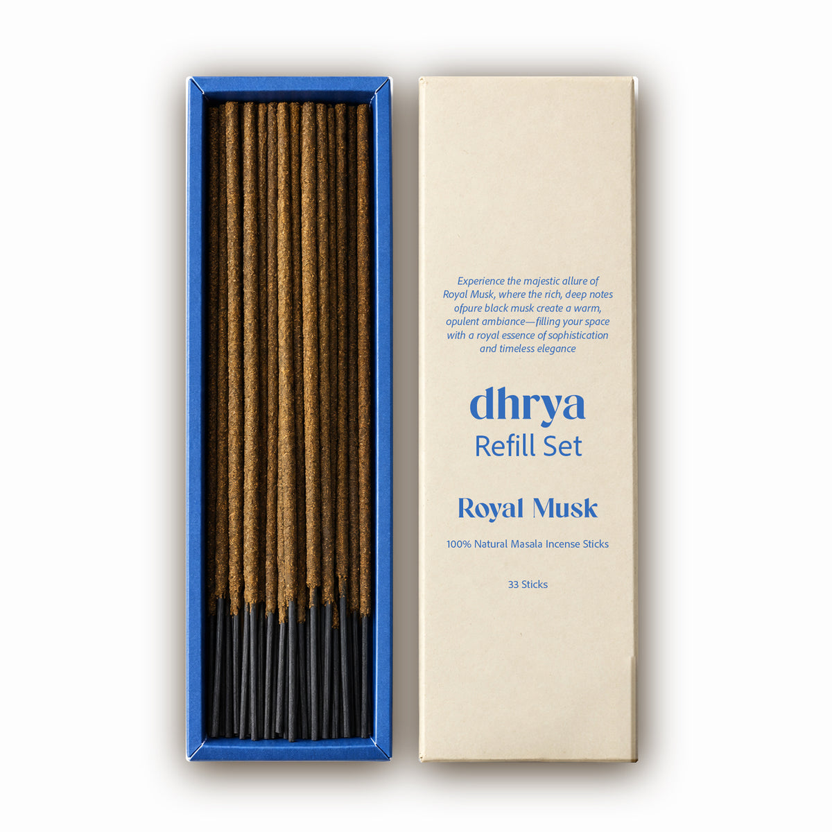 Royal Musk refill set: 33 hand-rolled masala incense sticks in a blue-banded dhrya refill box