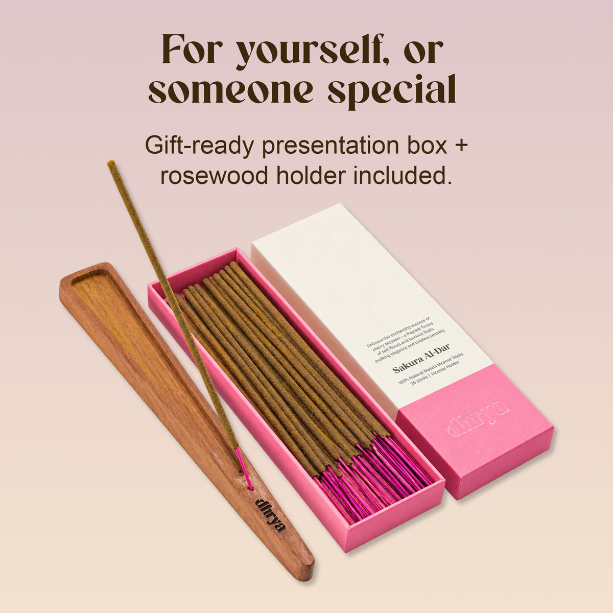 Sakura Al-Dar gift-ready presentation box, opened, with the rosewood incense holder