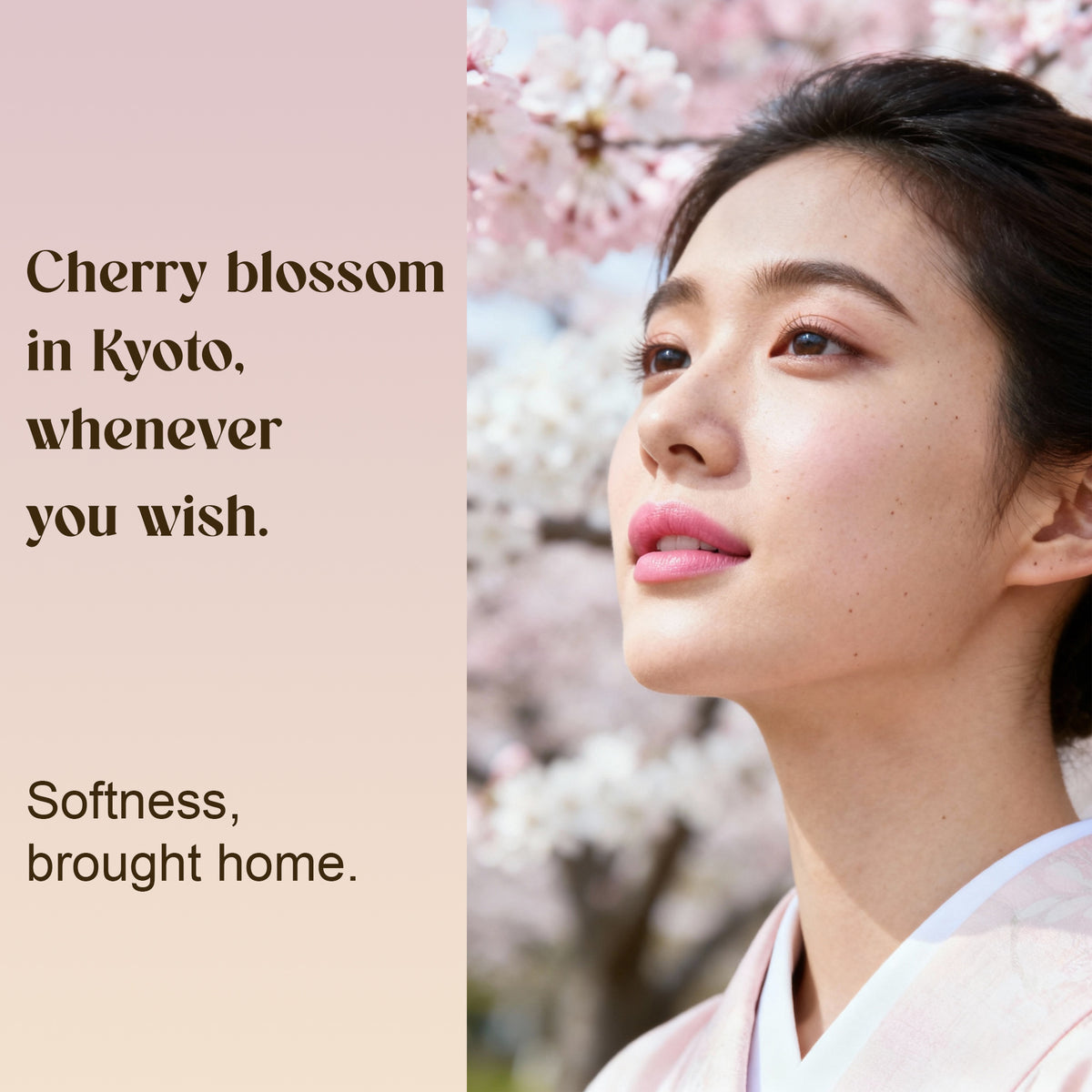 Woman beneath cherry blossom, evoking the mood of Sakura Al-Dar: "Cherry blossom in Kyoto, whenever you wish"