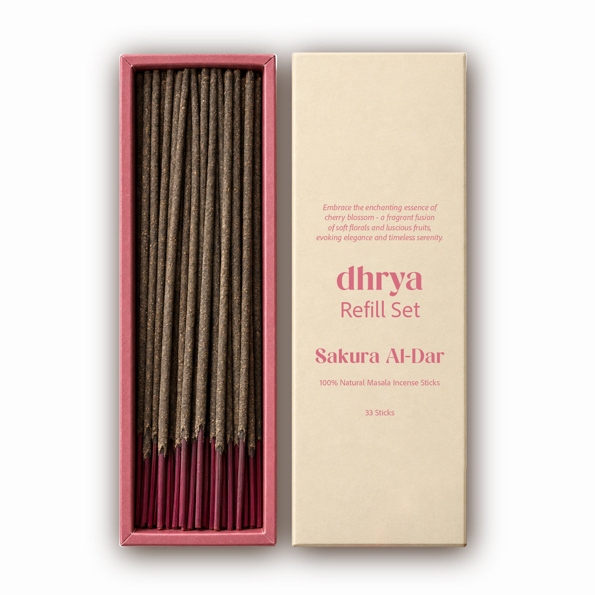 Sakura Al-Dar refill set: 33 hand-rolled masala incense sticks in a pink-banded dhrya refill box