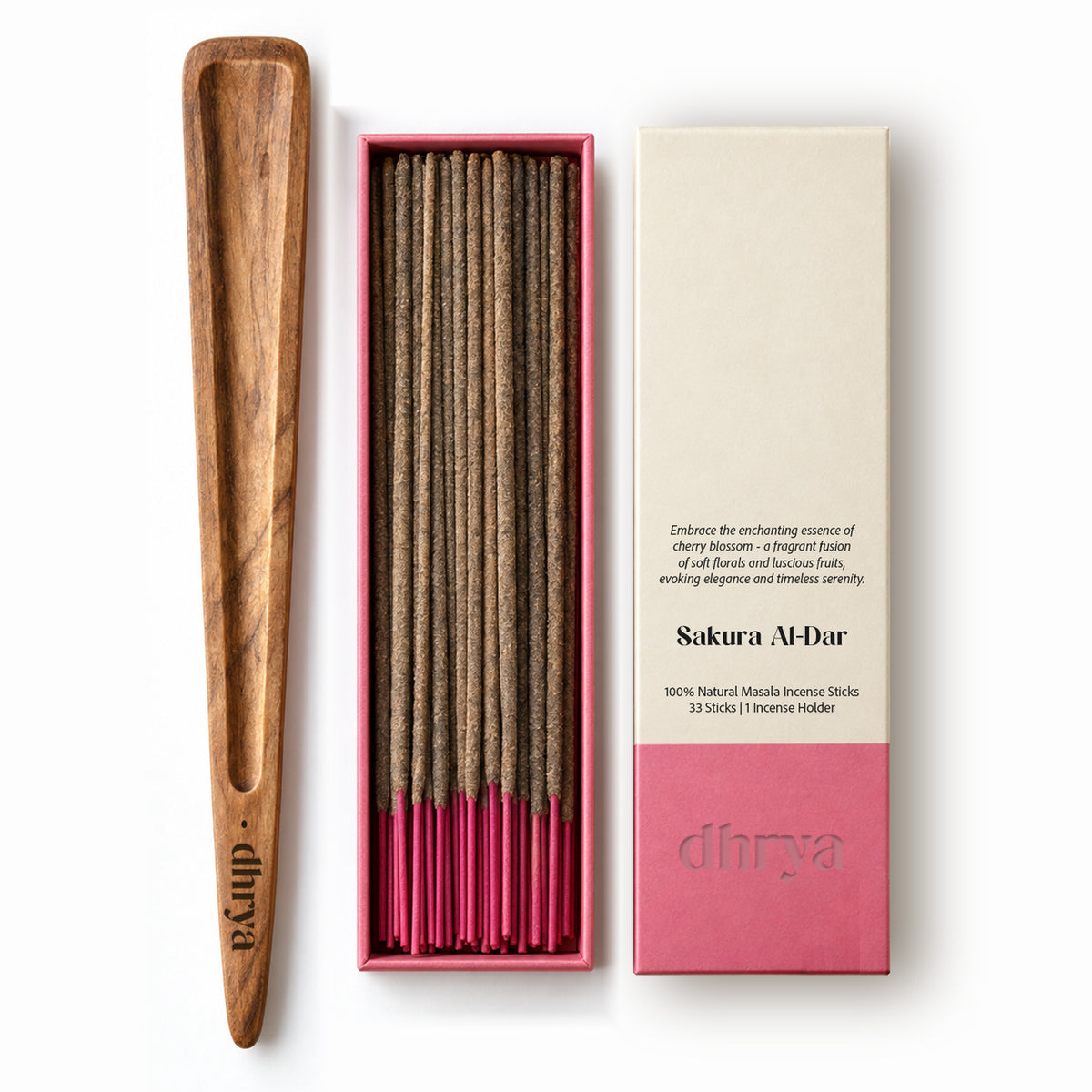Sakura Al-Dar incense sticks: 33 hand-rolled masala sticks in a pink-banded dhrya box with a Sheesham rosewood holder