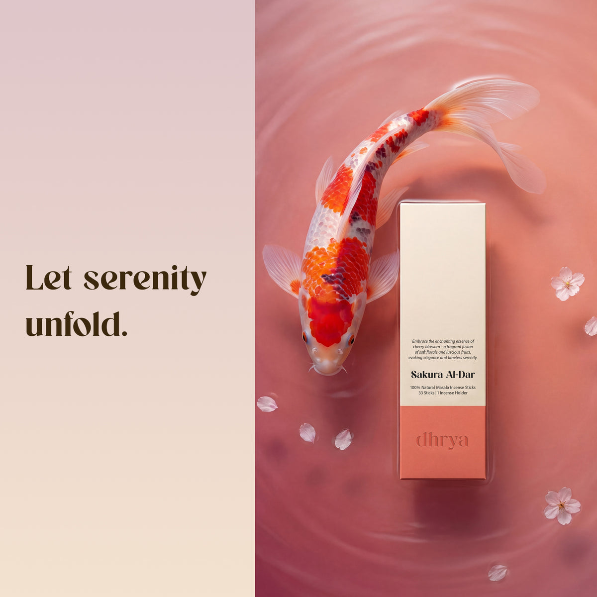 Koi carp swimming beside a Sakura Al-Dar incense box: "Let serenity unfold"