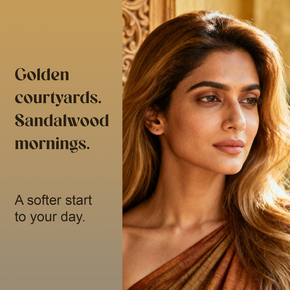 Woman in warm golden light, evoking the mood of Chandara: "Golden courtyards, sandalwood mornings"